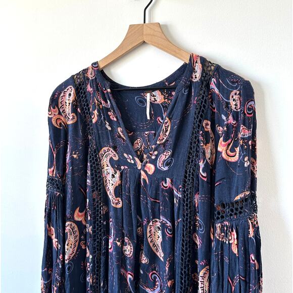 Free People Just The Two Of Us Paisley Blue Tunic Top Dress Size S - Picture 6 of 12